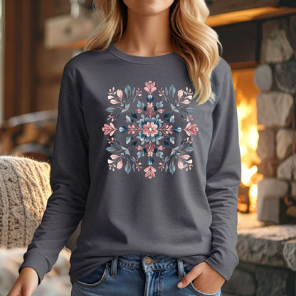Winter Boho Floral Snowflake Long Sleeve Tee