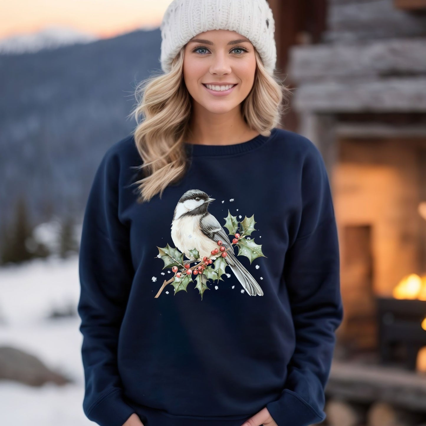 Winter Chickadee and Holly Berries Sweatshirt