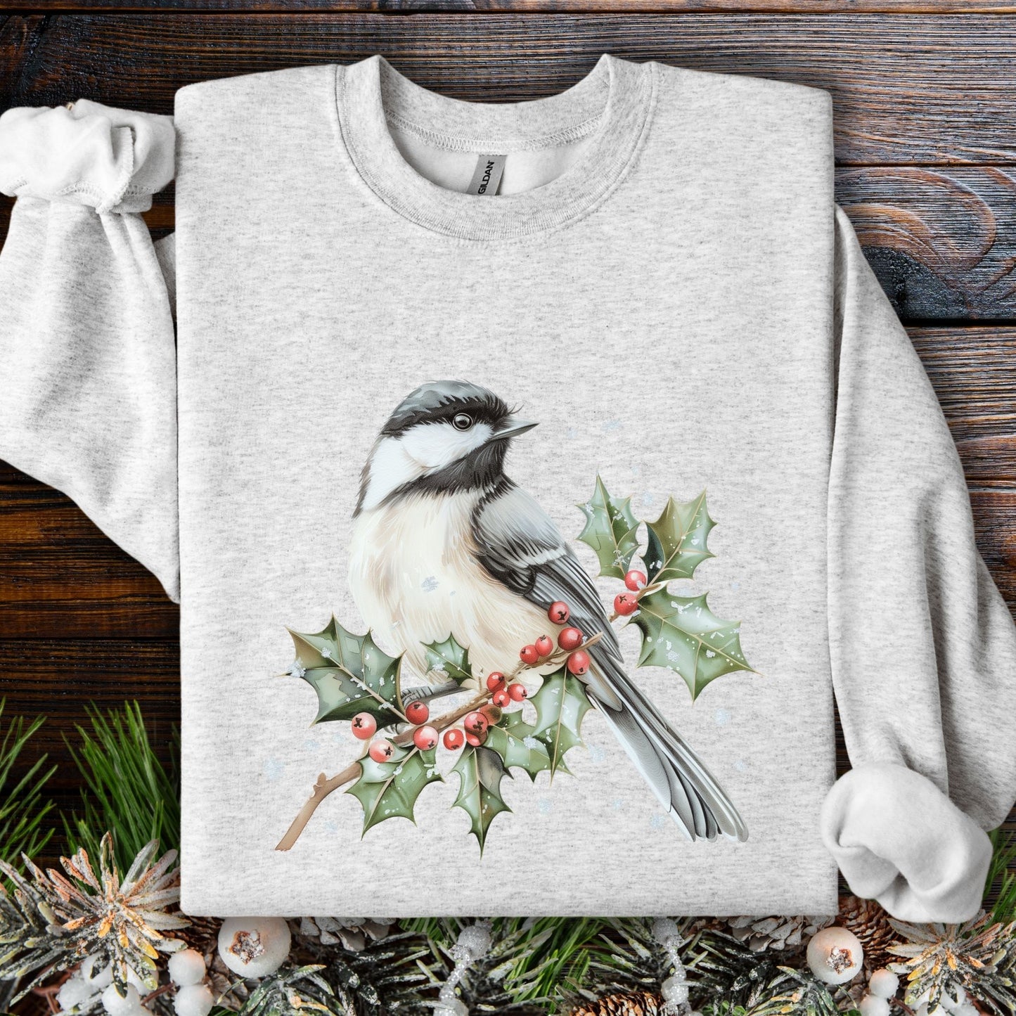 Winter Chickadee and Holly Berries Sweatshirt