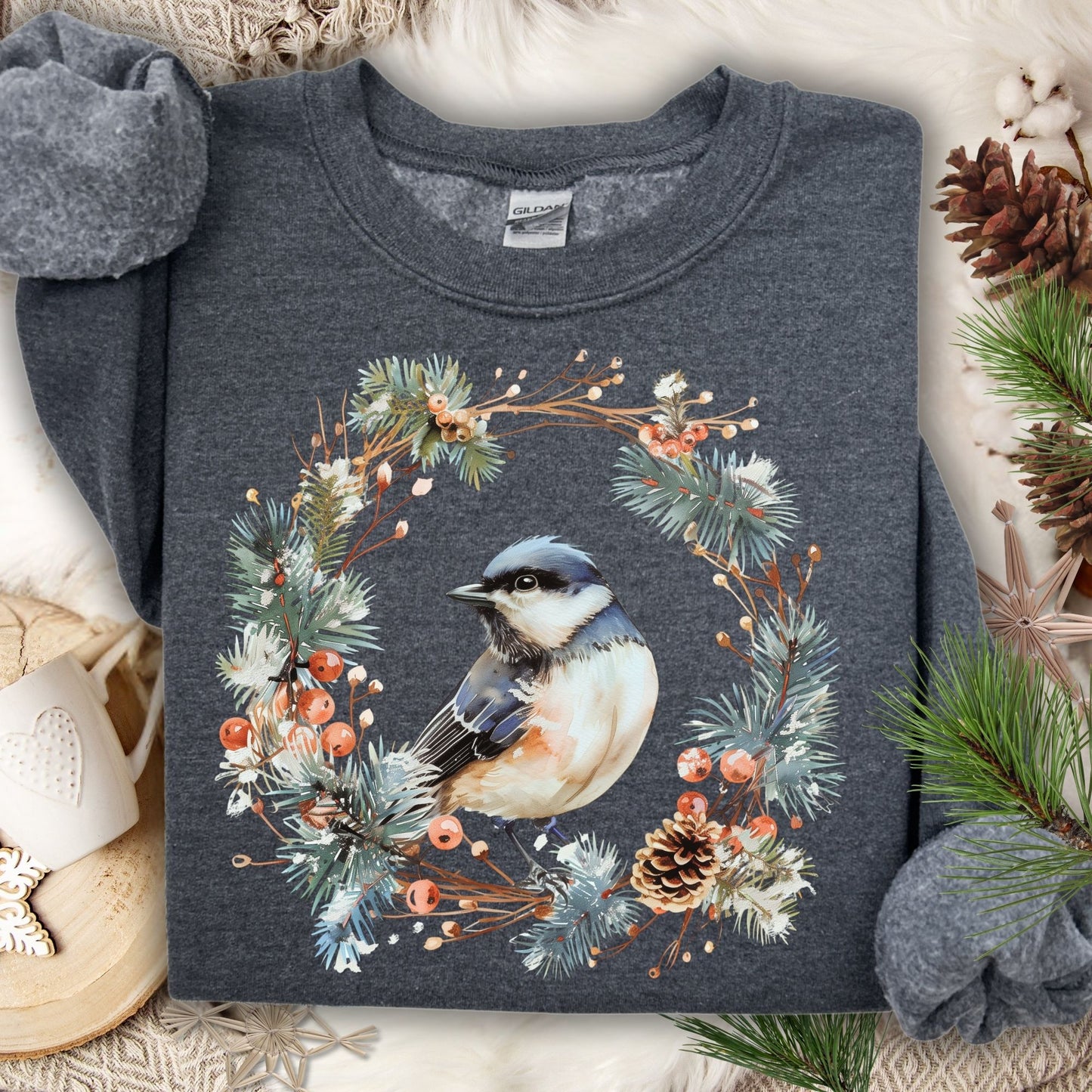 Winter Chickadee in Wreath Sweatshirt