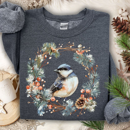 Winter Chickadee in Wreath Sweatshirt