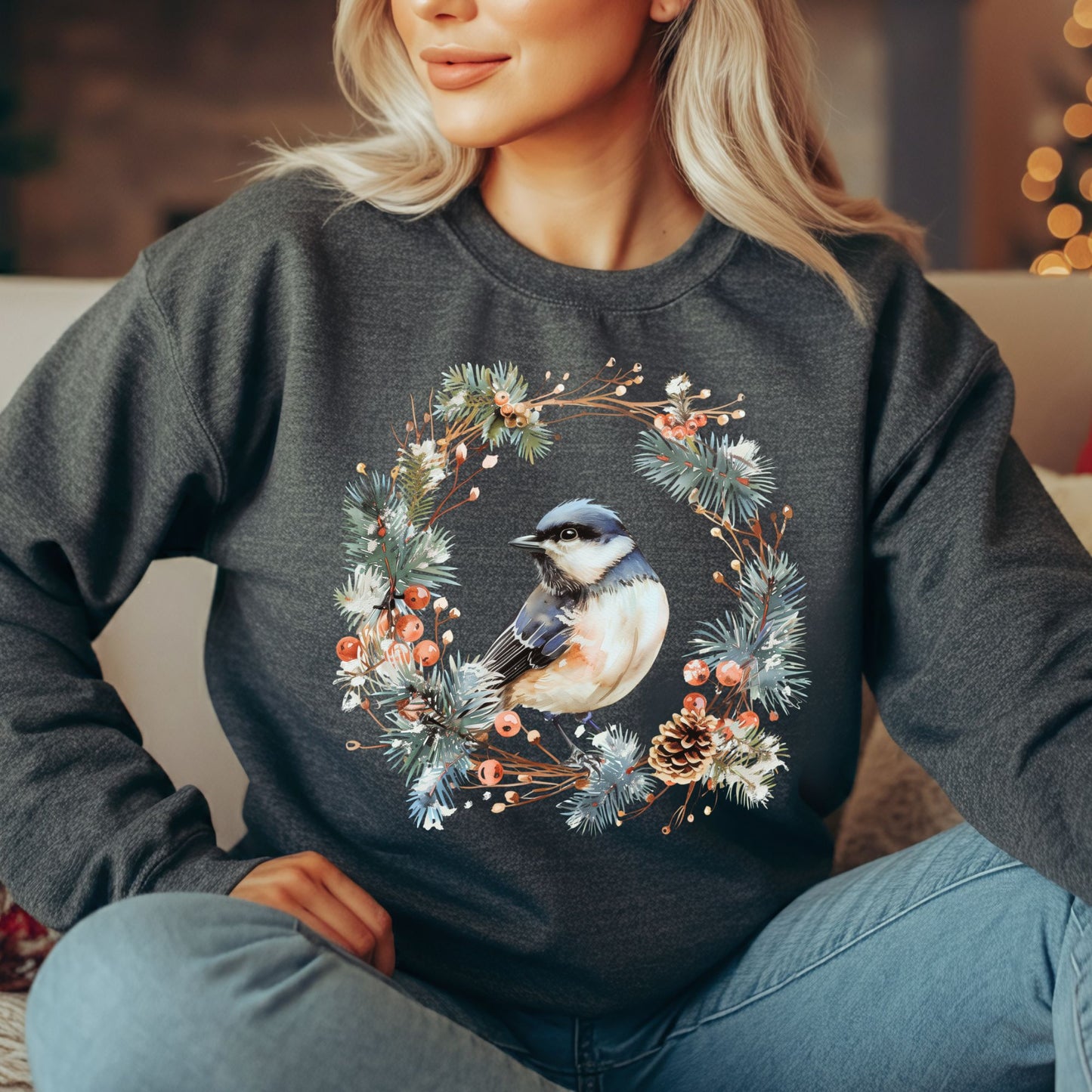 Winter Chickadee in Wreath Sweatshirt