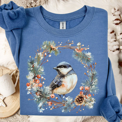 Winter Chickadee in Wreath Sweatshirt