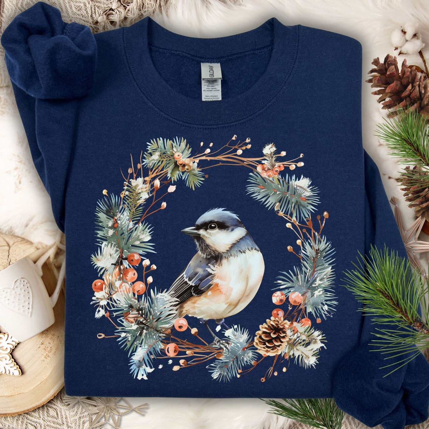 Winter Chickadee in Wreath Sweatshirt