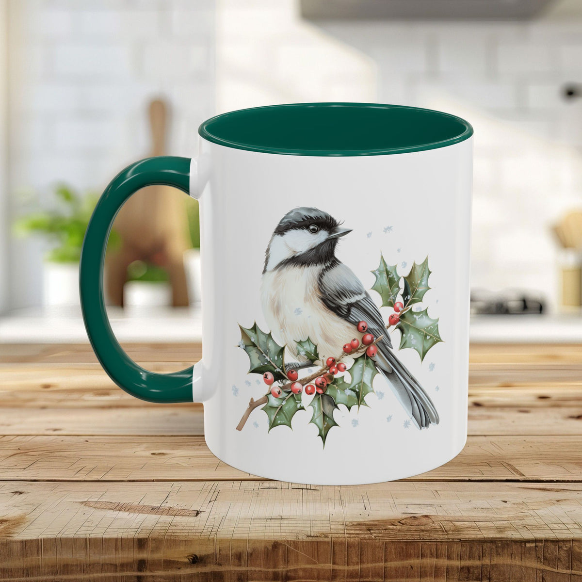 Winter Chickadee on Holly Branch Mug (11/15oz)