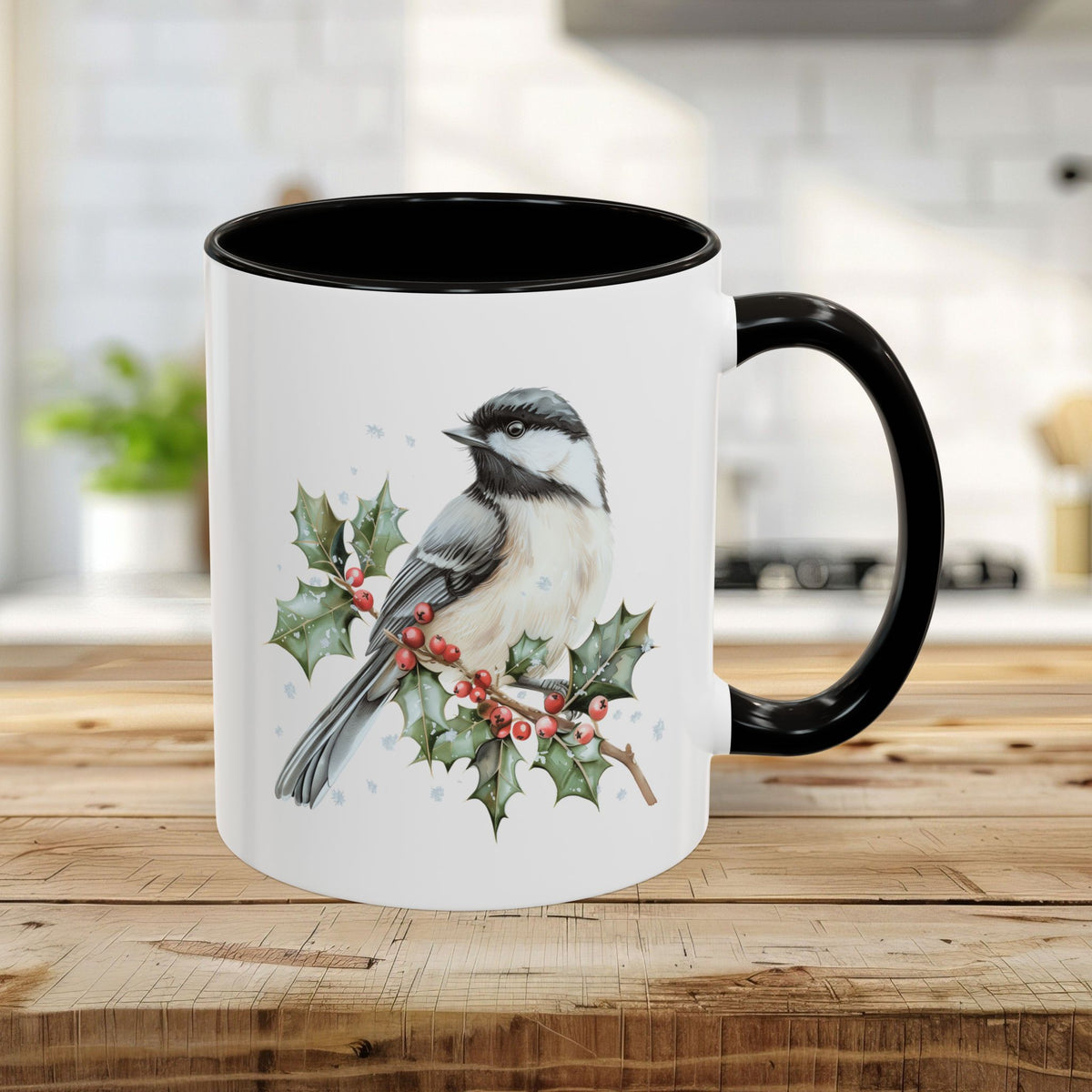 Winter Chickadee on Holly Branch Mug (11/15oz)