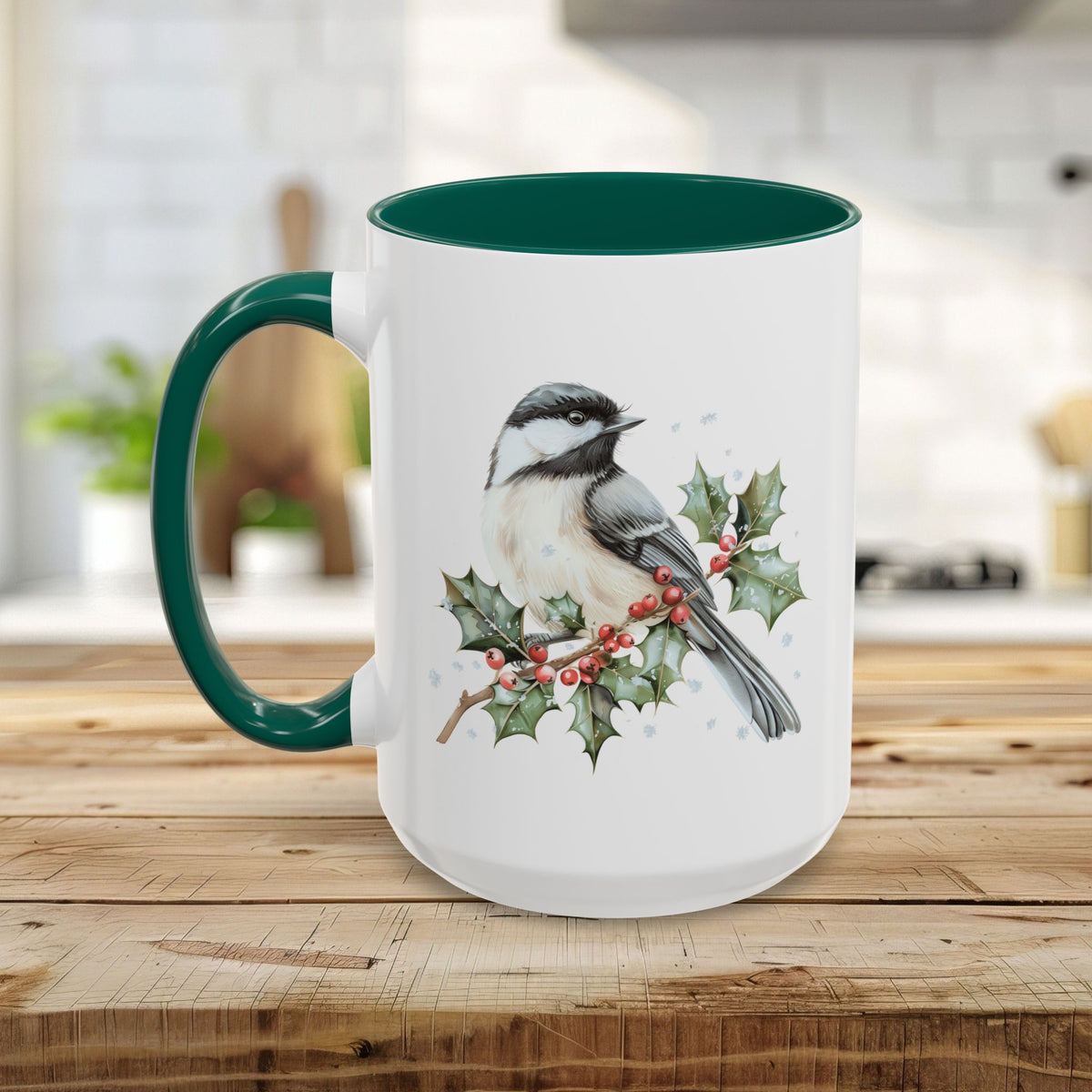 Winter Chickadee on Holly Branch Mug (11/15oz)