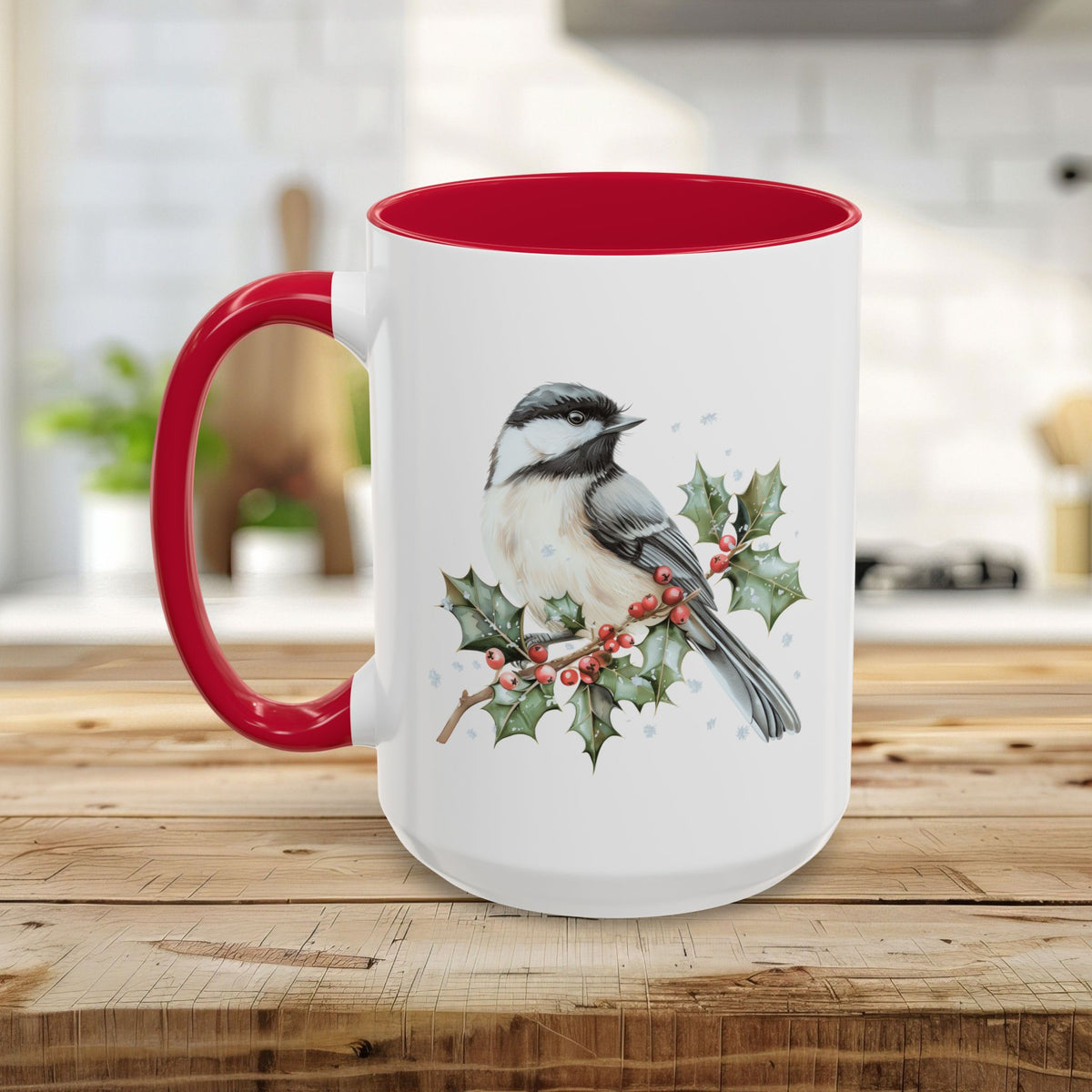 Winter Chickadee on Holly Branch Mug (11/15oz)