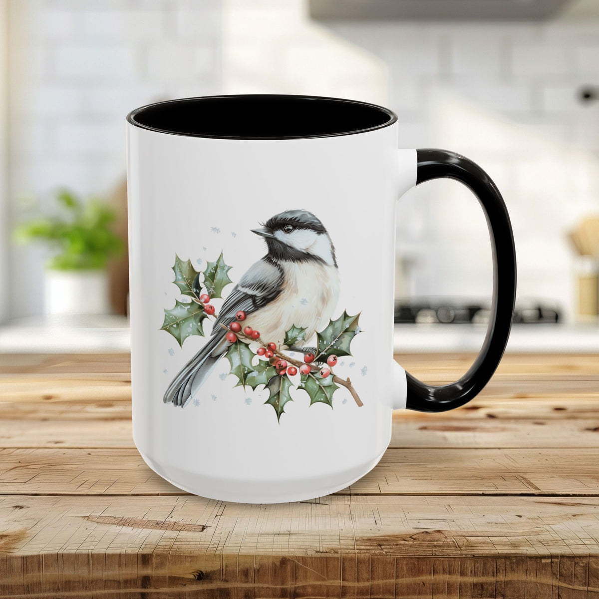 Winter Chickadee on Holly Branch Mug (11/15oz)