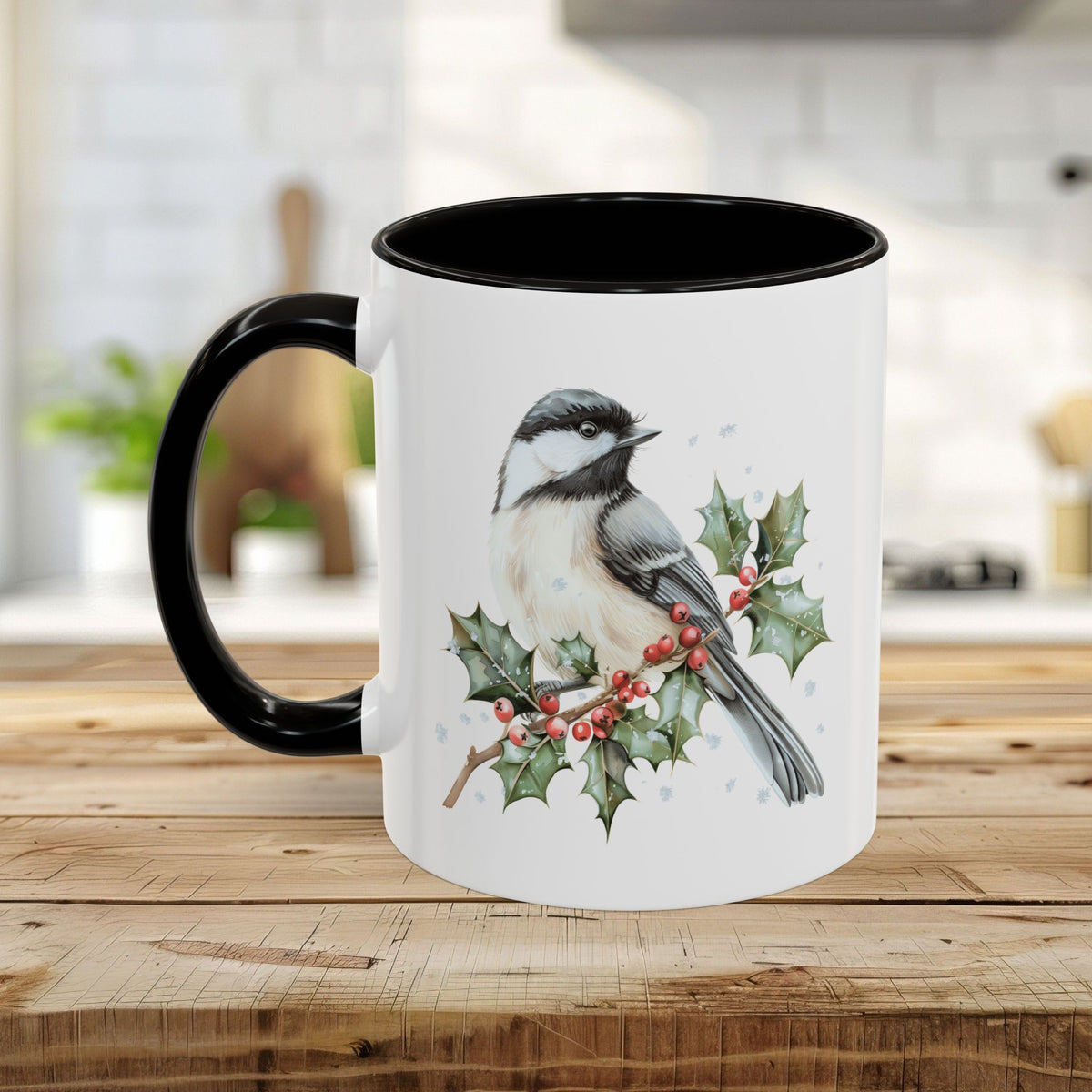 Winter Chickadee on Holly Branch Mug (11/15oz)