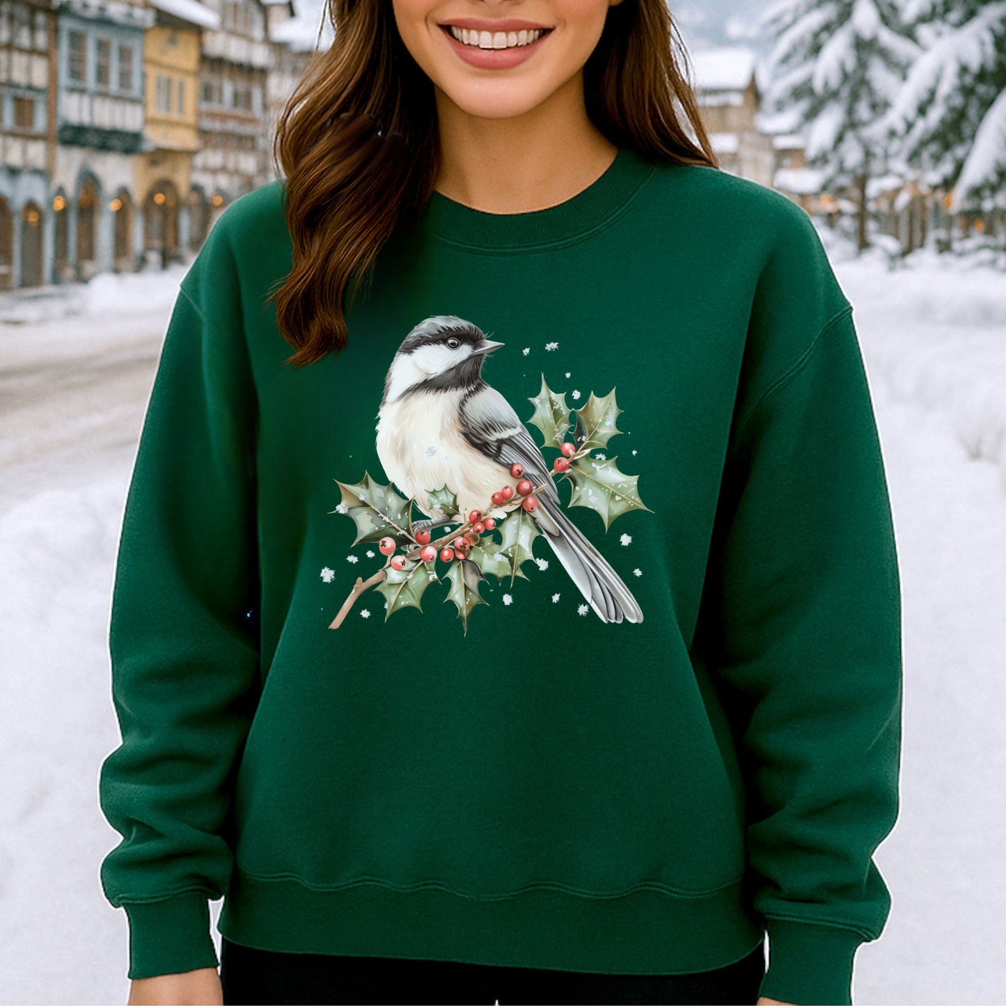 Dark green crewneck sweatshirt with a watercolor chickadee on a frosted holly branch design.
