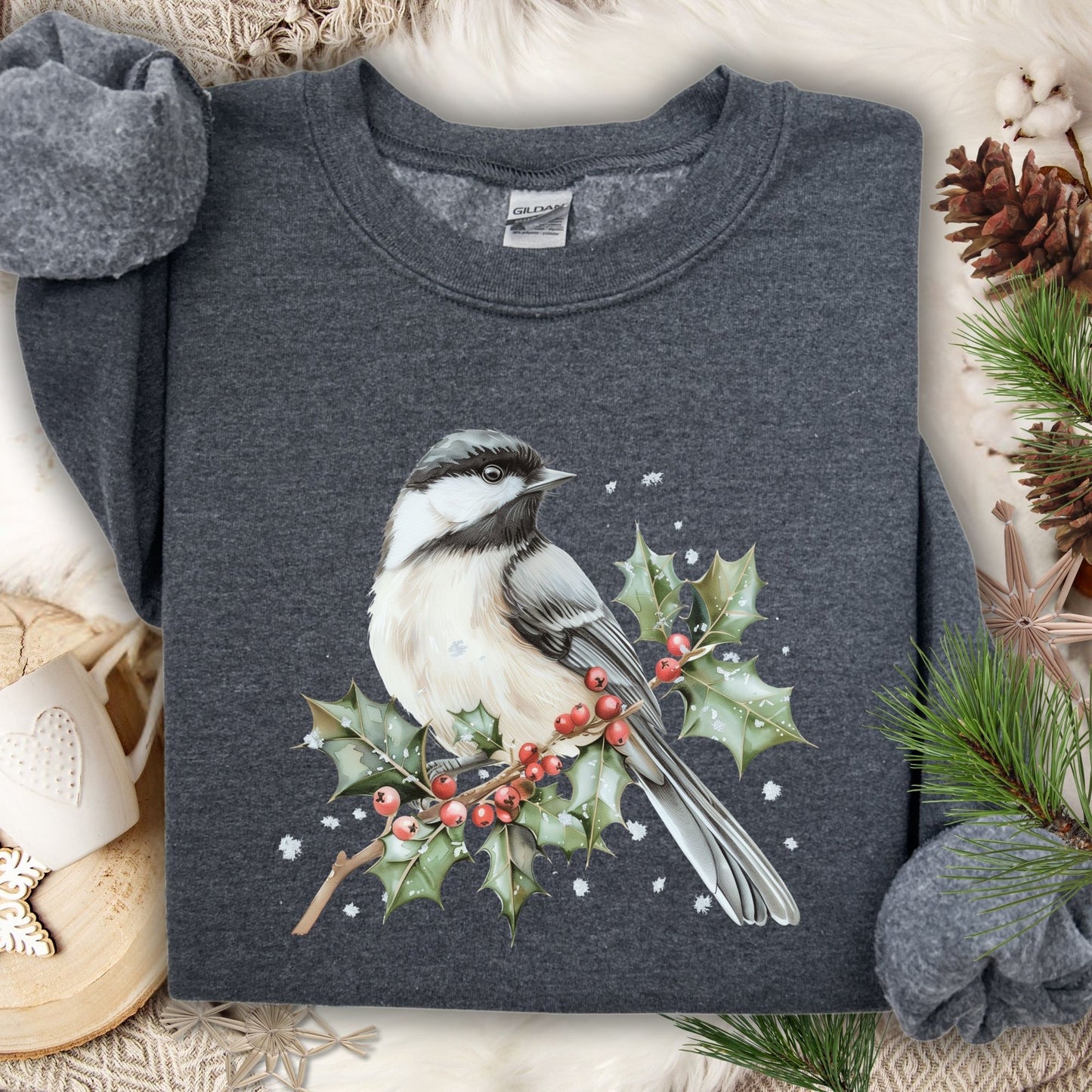 Dark Heather S sweatshirt with a watercolor chickadee on a frosted holly branch design.