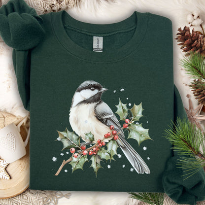 Forest Green S sweatshirt with a watercolor chickadee on a frosted holly branch design.