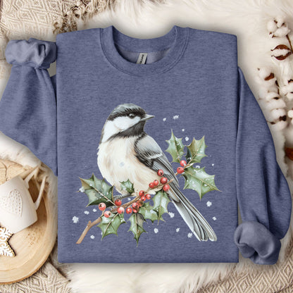 Heather Sport Dark Navy S sweatshirt with a watercolor chickadee on a frosted holly branch design.