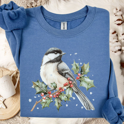 Indigo Blue S sweatshirt with a watercolor chickadee on a frosted holly branch design.