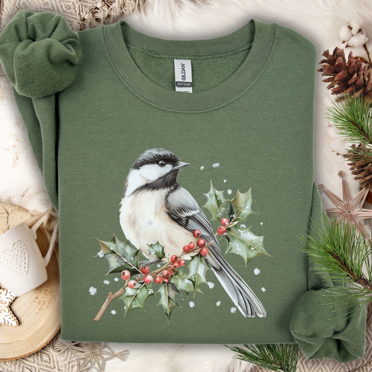 Military Green S sweatshirt with a watercolor chickadee on a frosted holly branch with red berries.