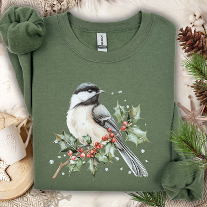 Military Green S sweatshirt with a watercolor chickadee on a frosted holly branch with red berries.