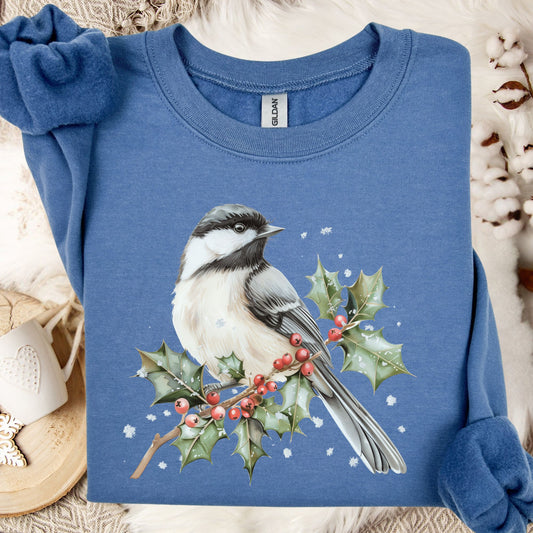Winter Chickadee on Holly Branch Sweatshirt