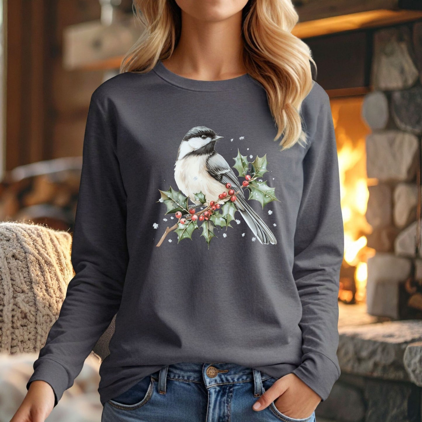 Winter Chickadee on a Holly Branch Long Sleeve Tee