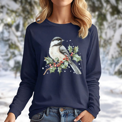 Winter Chickadee on a Holly Branch Long Sleeve Tee