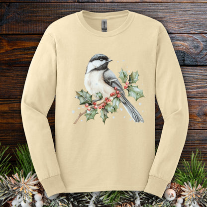 Winter Chickadee on a Holly Branch Long Sleeve Tee