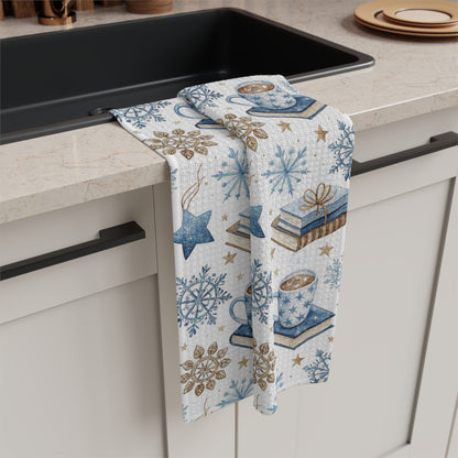 Winter Cup of Cocoa & Books microfiber kitchen towel with blue snowflakes, stars, and stacked books.