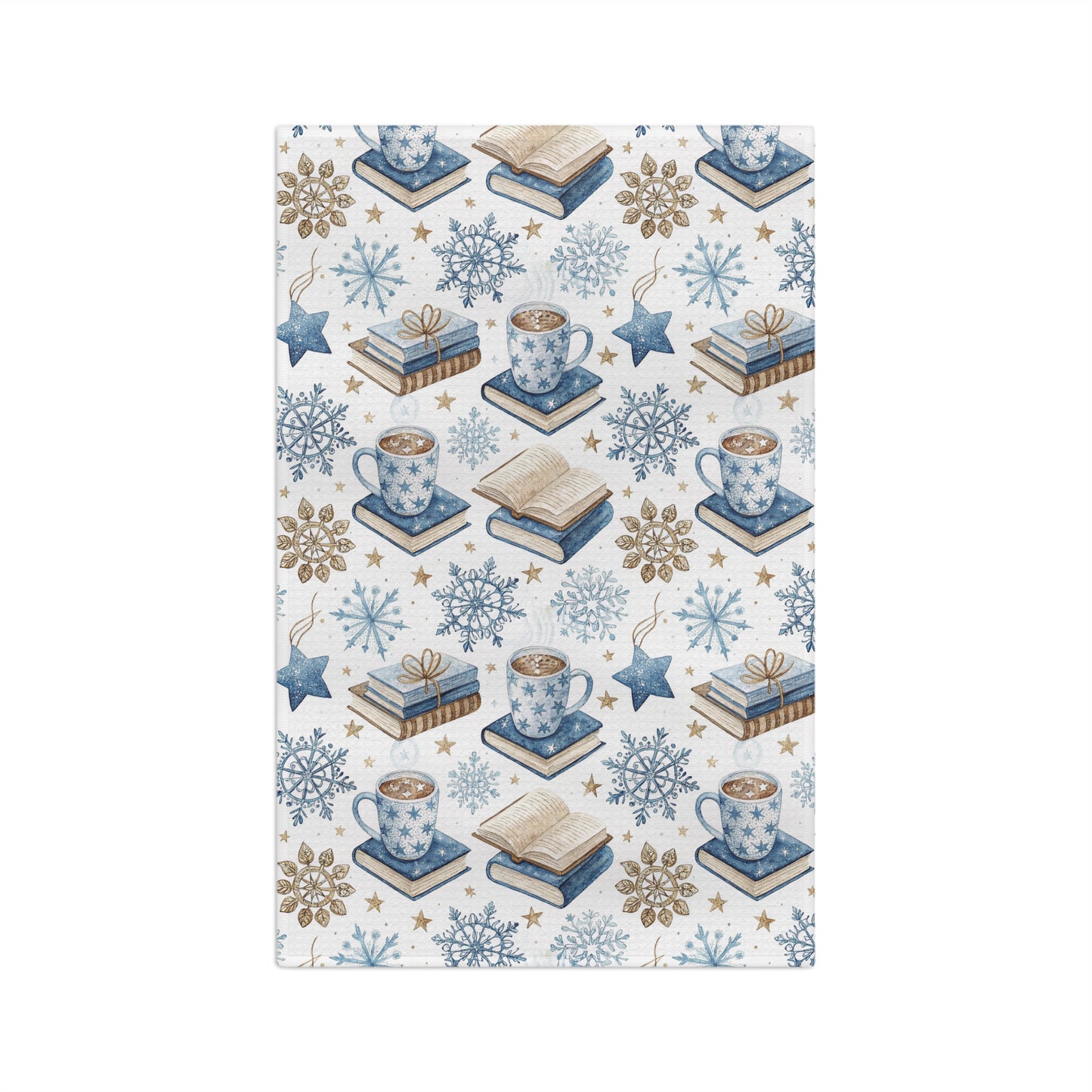 Winter Cup of Cocoa & Books microfiber kitchen towel with blue and neutral snowflake, book, and cocoa mug pattern.