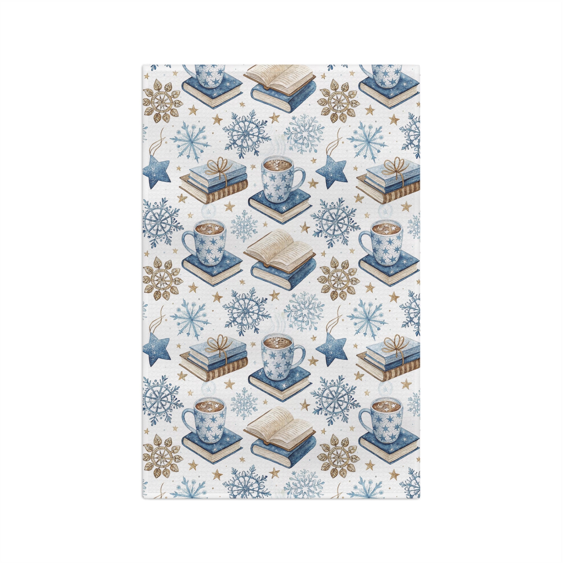 Winter Cup of Cocoa & Books microfiber kitchen towel with blue and neutral snowflake, book, and cocoa mug pattern.