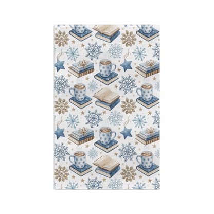 Winter Cup of Cocoa & Books microfiber kitchen towel with blue and neutral snowflake, book, and cocoa mug pattern.