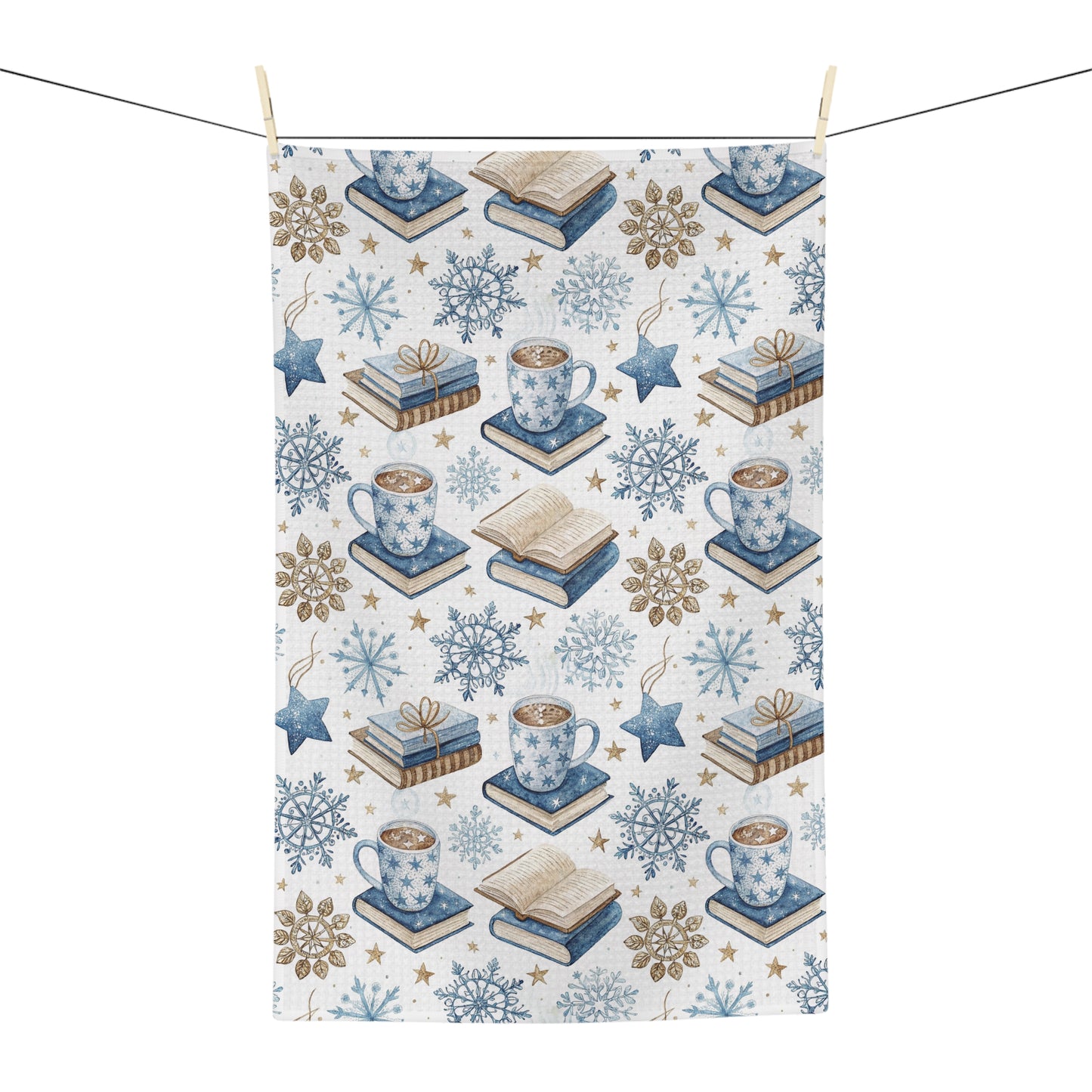 Winter Cup of Cocoa & Books microfiber kitchen towel with blue and neutral illustrations.