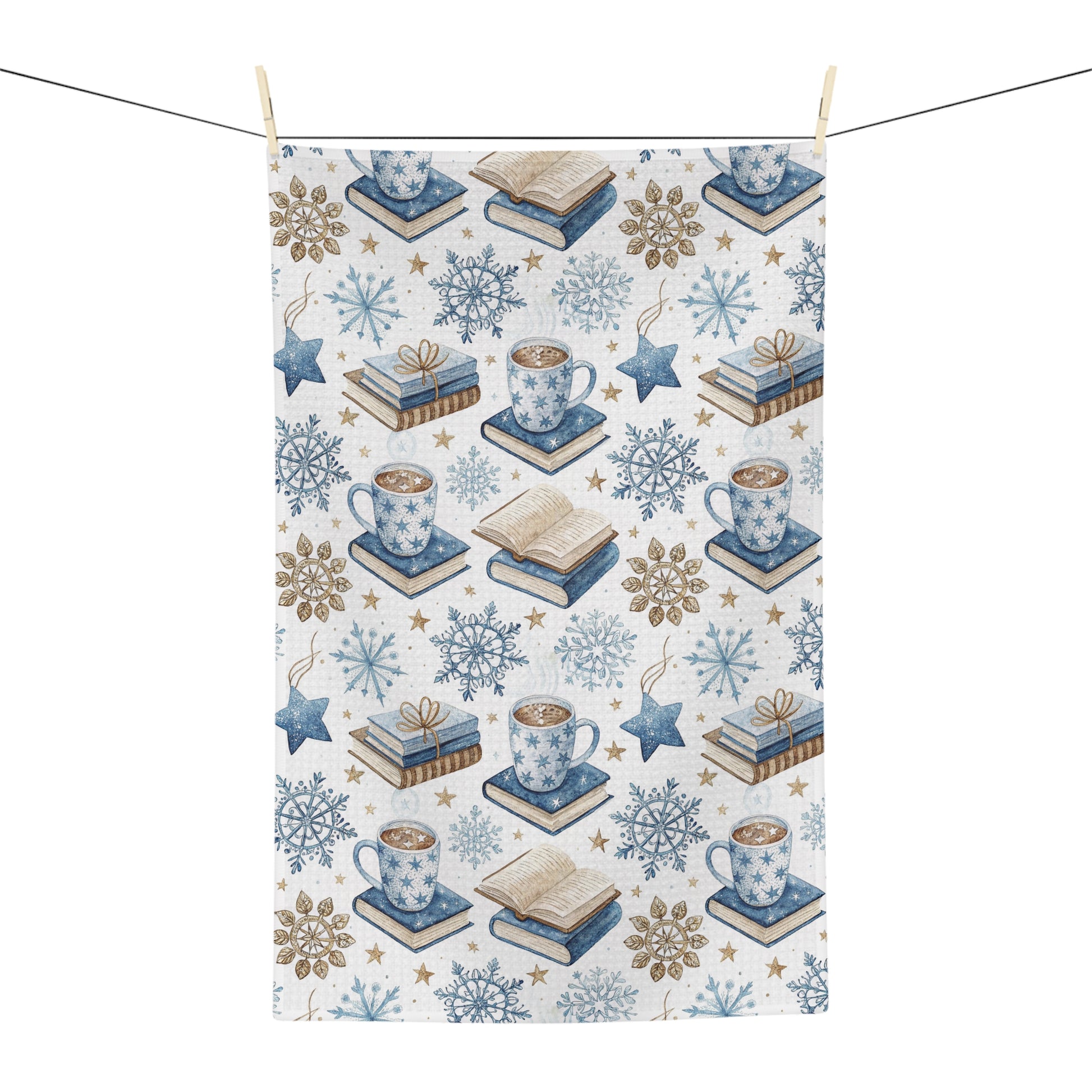 Winter Cup of Cocoa & Books microfiber kitchen towel with blue and neutral illustrations.