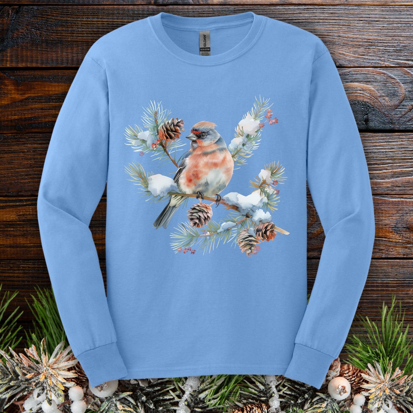 Winter Eastern Bluebird on Evergreen Branch Long Sleeve Tee