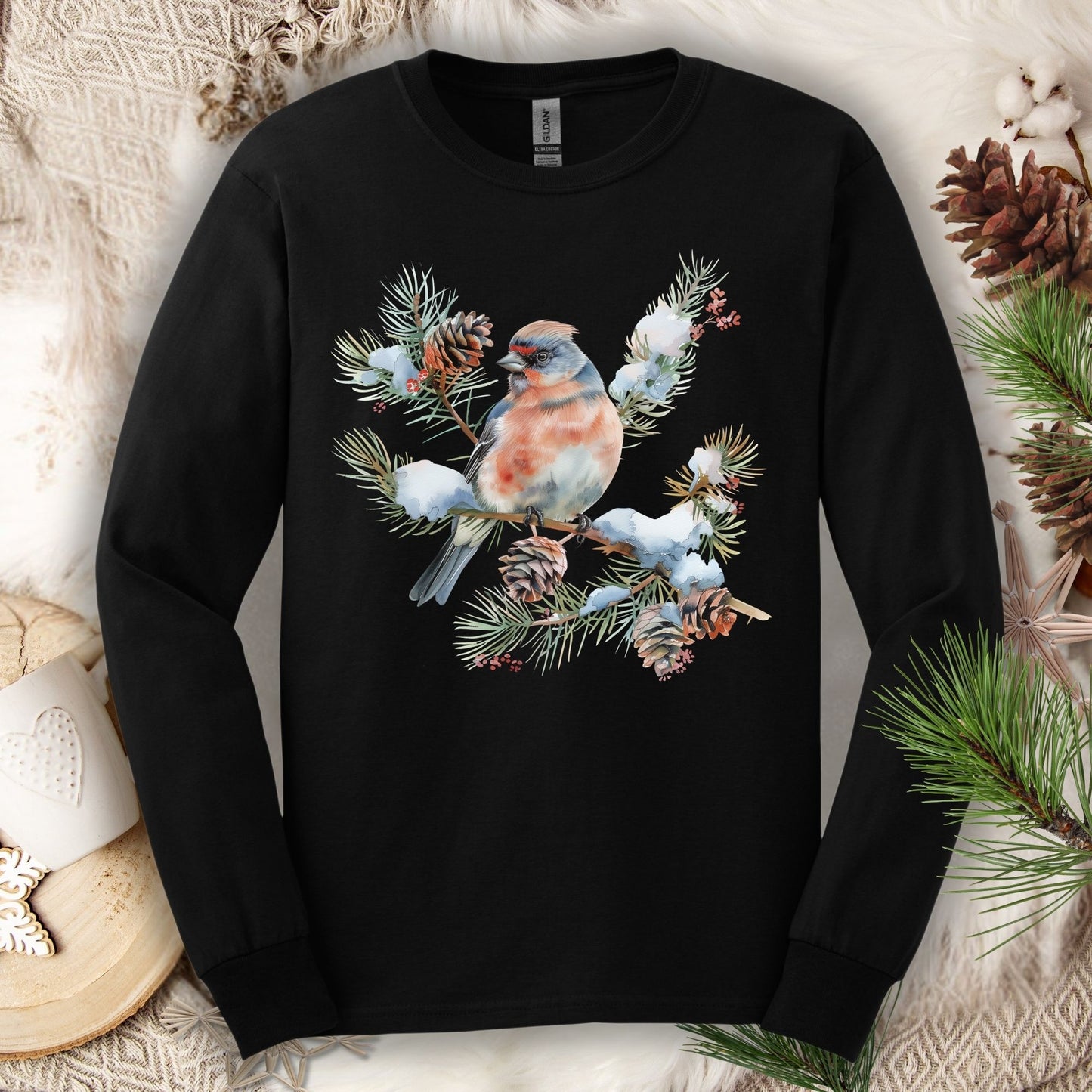 Winter Eastern Bluebird on Evergreen Branch Long Sleeve Tee