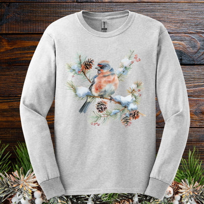 Winter Eastern Bluebird on Evergreen Branch Long Sleeve Tee