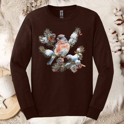 Winter Eastern Bluebird on Evergreen Branch Long Sleeve Tee