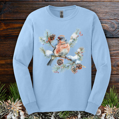 Winter Eastern Bluebird on Evergreen Branch Long Sleeve Tee