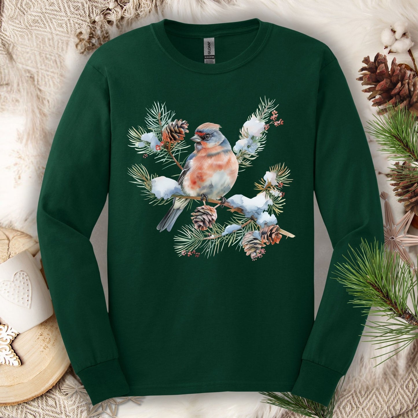 Winter Eastern Bluebird on Evergreen Branch Long Sleeve Tee