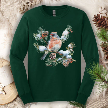 Winter Eastern Bluebird on Evergreen Branch Long Sleeve Tee