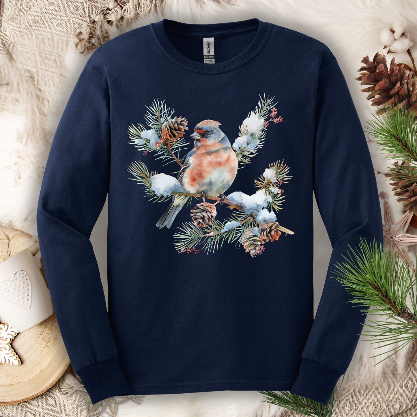 Winter Eastern Bluebird on Evergreen Branch Long Sleeve Tee