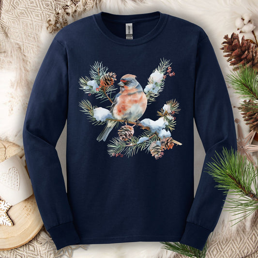 Winter Eastern Bluebird on Evergreen Branch Long Sleeve Tee