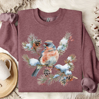 Heather Sport Dark Maroon sweatshirt with a crested songbird on a snowy evergreen branch design.
