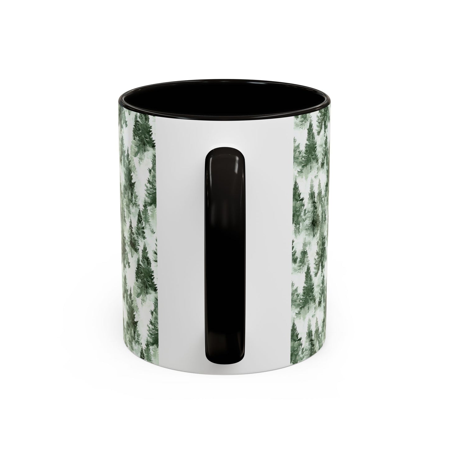 White ceramic mug with black handle and interior, featuring a watercolor evergreen forest pattern.