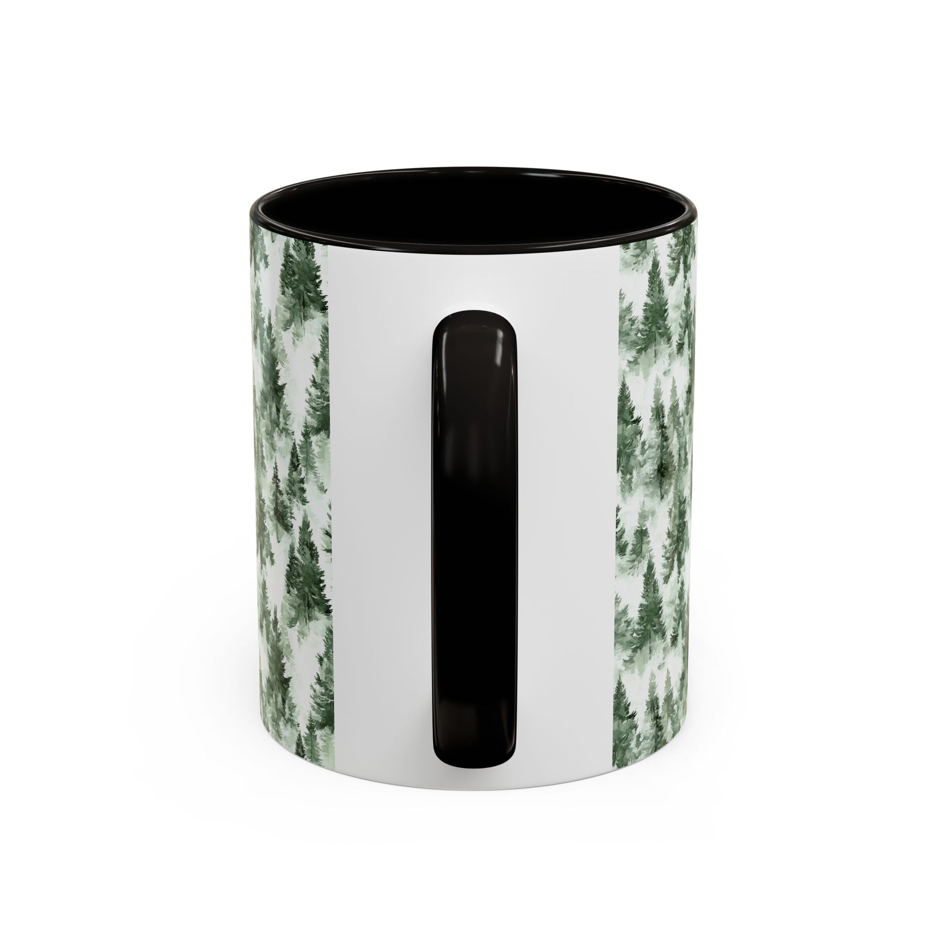 White ceramic mug with black handle and interior, featuring a watercolor evergreen forest pattern.