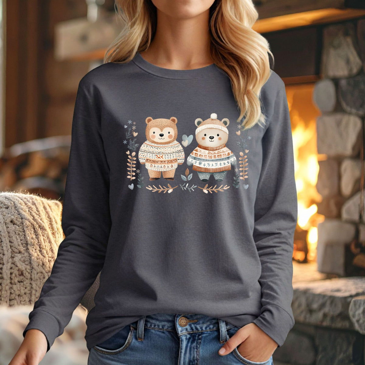 Charcoal long-sleeve tee with watercolor Nordic bears in fair isle sweaters, winter foliage, hearts, and snowflakes.