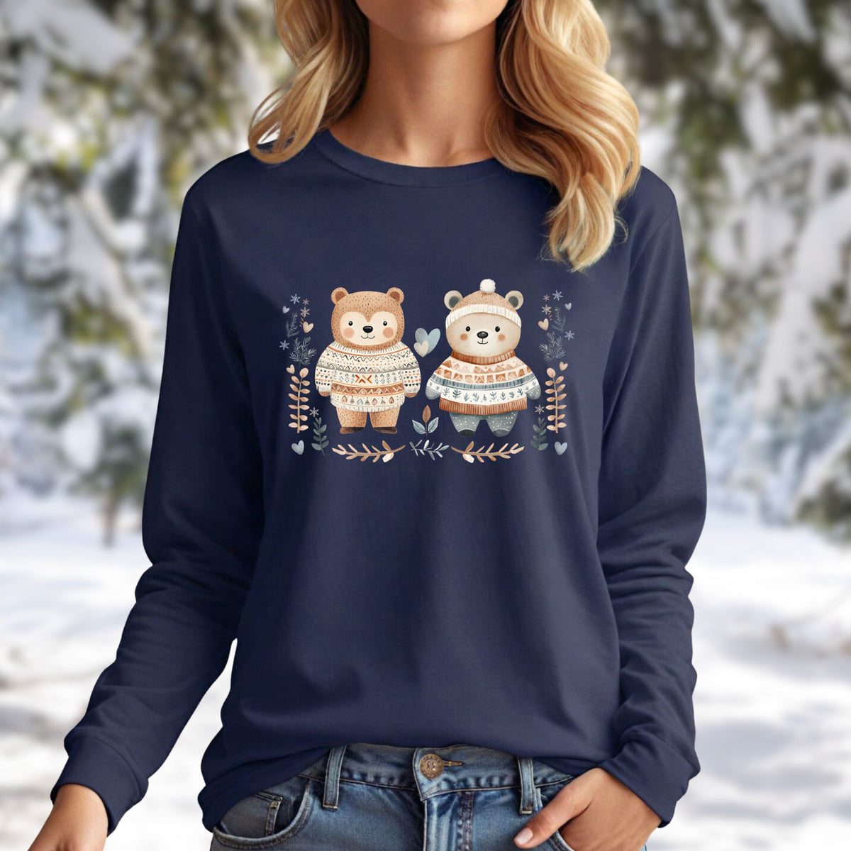 Navy long-sleeve tee with two watercolor bears in Fair Isle sweaters, winter foliage, hearts, and snowflakes.