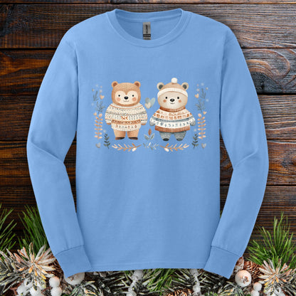 Carolina Blue long sleeve tee with two watercolor bears in Fair Isle sweaters, winter foliage, and snowflakes.