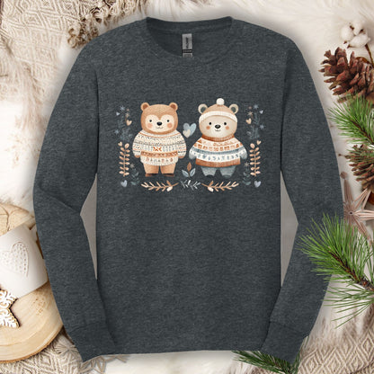 Dark Heather long-sleeve tee with watercolor Nordic bears in fair isle sweaters, winter foliage, hearts, and snowflakes.