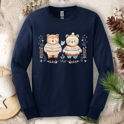 Navy long-sleeve tee with watercolor bears in Fair Isle sweaters, winter foliage, hearts, and snowflakes.
