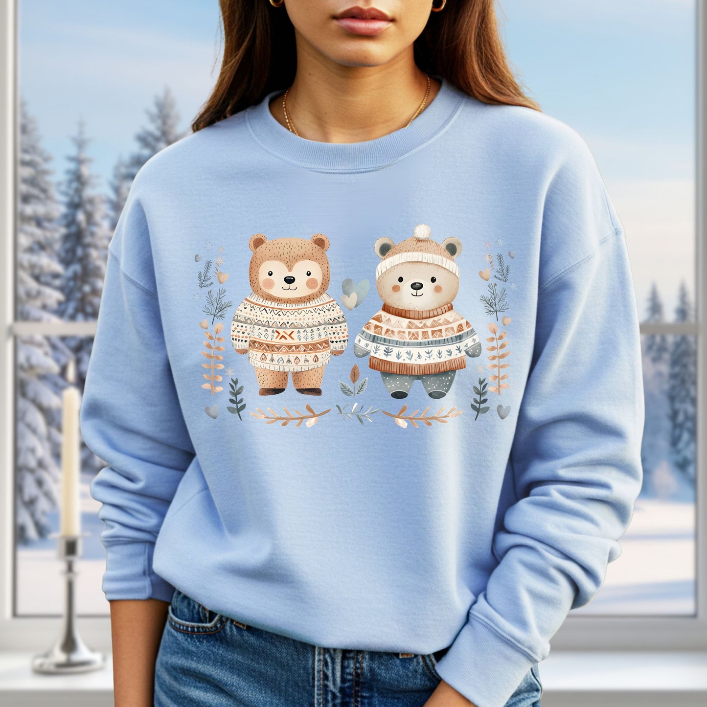 Light blue sweatshirt with two fair isle sweater-clad love bears, winter foliage, snowflakes, and hearts.