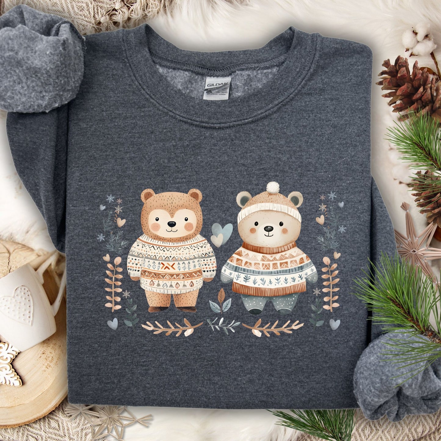 Dark gray sweatshirt with two cute bears in Fair Isle sweaters, winter foliage, snowflakes, and hearts.
